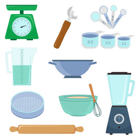 Kitchen tools accessory simple isolated set collection. Kitchenware scales, measuring cup, measuring spoon, eggbeater and bowl etc. Cooking concept. Vector flat cartoon graphic design illustrationのイラスト素材