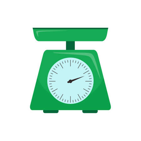 Kitchenware scales flat icon. Green scales with round dial and scale-pan isolated on a white background. Cartoon illustration of domestic weigh scales vector icon for web designのイラスト素材
