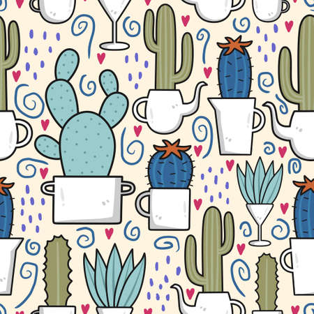 Seamless pattern with llama, cactus hand drawn design elements. Cacti, leaves, jungle flowers....