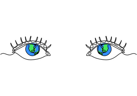 Continuous line art or one line drawing of human eyes with globe earth isolated on white background. Hand drawn illustration for logo, emblem and design poster. Earth Day theme. Vectorのイラスト素材