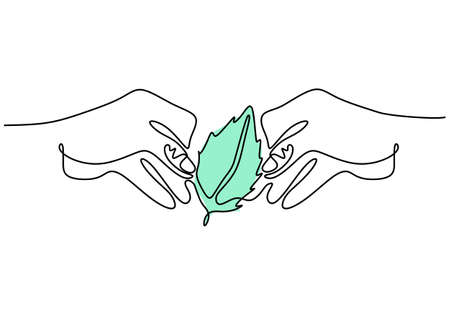 Continuous one line drawing of hands holding a plant. Concept of growing and love earth. Back to nature theme isolated on white background with minimalist style. Vector earth day illustrationのイラスト素材