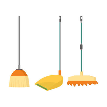 Broom, mop and dustpan vector cartoon flat icons. Household and house cleaning tools concept. Set of cleaning house supplies isolated on a white background. Vector illustration of cleaning utensilsのイラスト素材