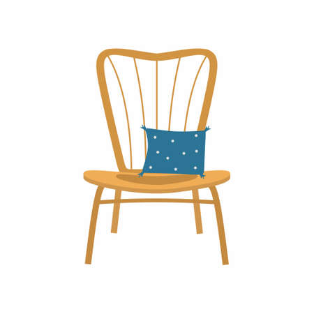 Comfortable rattan chair with cushion. Furniture for rest relaxation cartoon design isolated on white background. Picnic outdoor or summer holiday concept. Vector flat style illustrationのイラスト素材