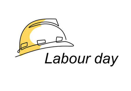 Happy Labour Day. One continuous line drawing of yellow hard hat with lettering Labour Day. Safety hard construction hat icon minimalist background, banner, poster. Vector illustrationのイラスト素材