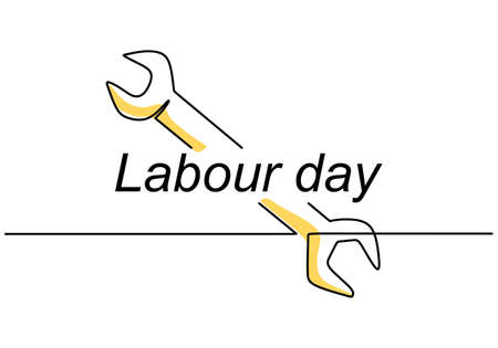 Single continuous line art screwdriver, wrench, spanner with lettering Labour Day. 1st May celebration. Happy Labour Day concept isolated on white background. Vector repair tools sketch illustrationのイラスト素材