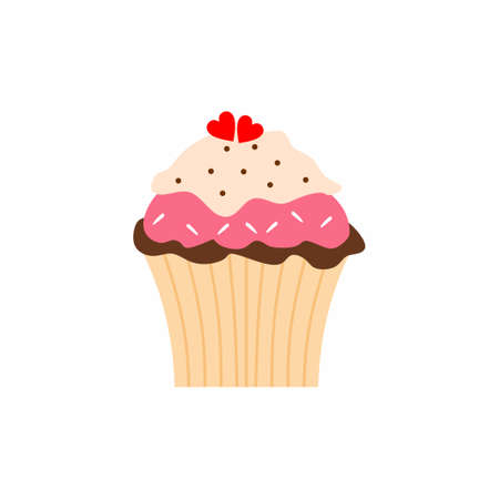 Cup cake icon illustration. Sweets chocolate and strawberry cupcake with heart isolated on white...