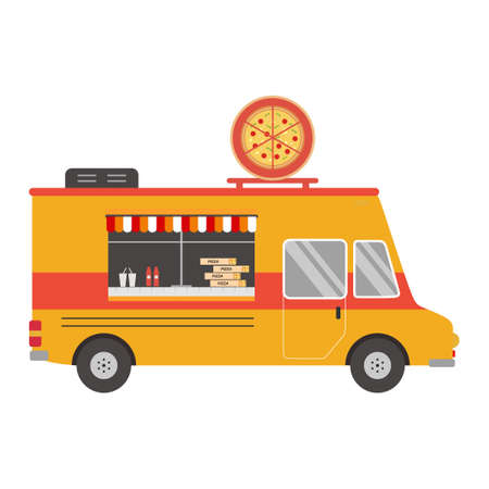 Flat cartoon pizza truck icon. Italian restaurant menu Pepperoni. Street food festival color restaurant car. Delivery service pizzeria. Vector illustration. Italy street pasta chef web templateのイラスト素材