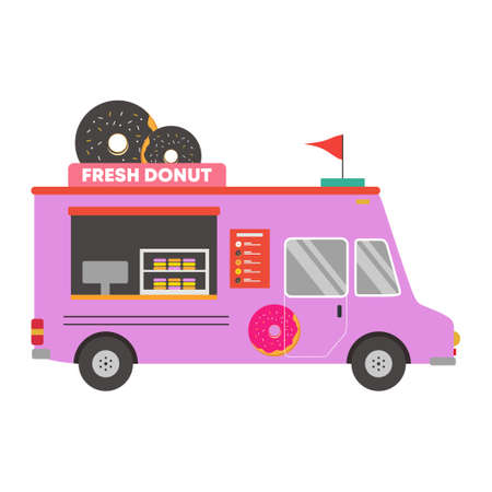 Donut truck icon. Street food van vehicle, delivery transport isolated on white background. Tasty dessert. Flat cartoon style vector illustration. Can be used for web design, brochure template.のイラスト素材