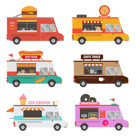 Set collection of fast food shop truck pizza, burger, coffee, donut, ice cream etc isolated on wite background. Street food van vehicle. Delivery service. Vector flat cartoon illustrationのイラスト素材