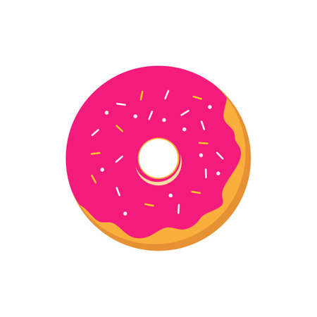 Donut flat icon. Sweet pink donut isolated on white background. Tasty snack dessert. Yummy cookie donut decoration color with topping. Vector illustration pastry delicious snack, eat candyのイラスト素材