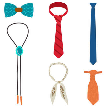 Flat icon necktie set collection of different tie, includes cravat, bowtie, skinny tie, bolo tie and neckerchief. elements. Vector illustration fashion accessory isolated on white backgroundのイラスト素材