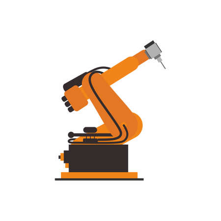 Universal Arm 3D printer device in cartoon flat style. Manufacturing, printing machine and technology concept isolated on white background. Vector design elements for mobile and web applications.のイラスト素材