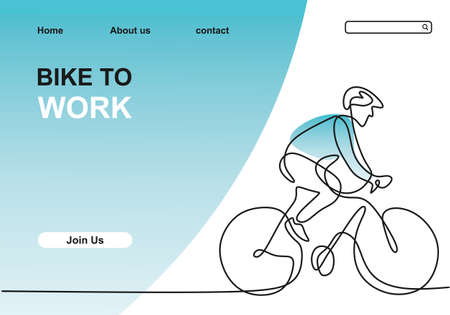 Continuous one line drawing man on a bicycle. Young male riding bicycle black linear sketch isolated on white background. Eco friendly transportation concept. Can be use for web, banner, posterのイラスト素材