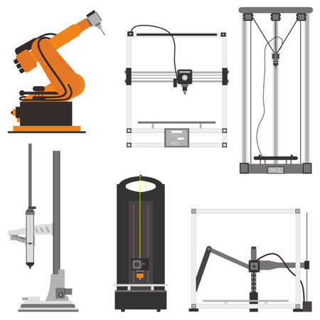 Modern flat icons set of 3D printer with different type such as cartesian 3D printer, Delta 3D Printer, polar printer, scara printer etc. 3D modeling and scanning technology in cartoon style. Vectorのイラスト素材