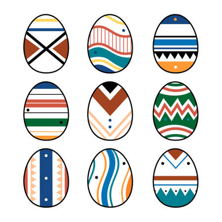 Set or collection of eight Easter eggs drawn in minimalist style. Colorful easter eggs with different textures, patterns and colors. Spring holiday. Vector illustration isolated on white background.のイラスト素材