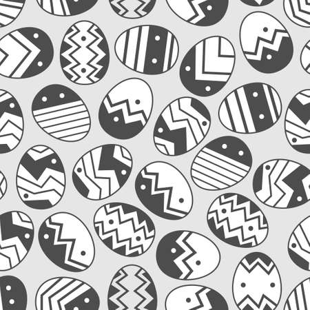Vector doodle easter egg seamless pattern. Monochrome eggs with different ornament. Illustration of easter eggs holiday design elements for textile print, wrapping, backgrounds.のイラスト素材