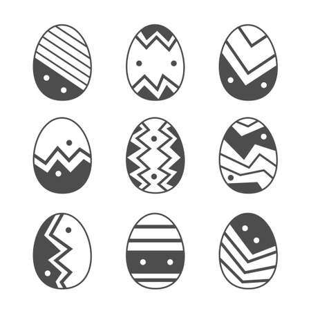 Easter eggs set collection doodle style. Happy easter hand drawn isolated on white background. Black egg icons with different ornament design element. Vector flat illustrationのイラスト素材