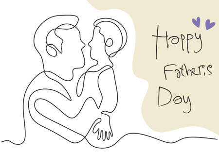 Father and his son continuous one line drawing. Happy young daddy with his child isolated on white background. Happy Father's Day theme hand drawn sketch minimalism design. Vector illustrationのイラスト素材