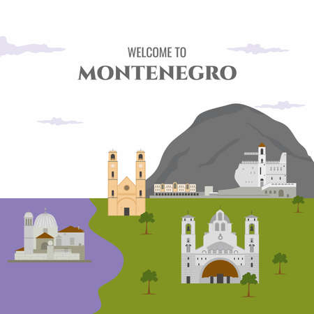 Welcome To Montenegro country design template with famous building landmarks. Flat cartoon style historic sight showplace web vector illustration. World vacation travel and trip collection.のイラスト素材