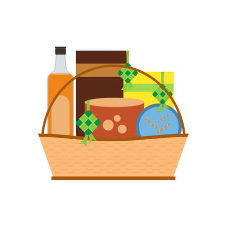 Food hamper for gift flat element. Food parcel flat element isolated on white backgroundのイラスト素材