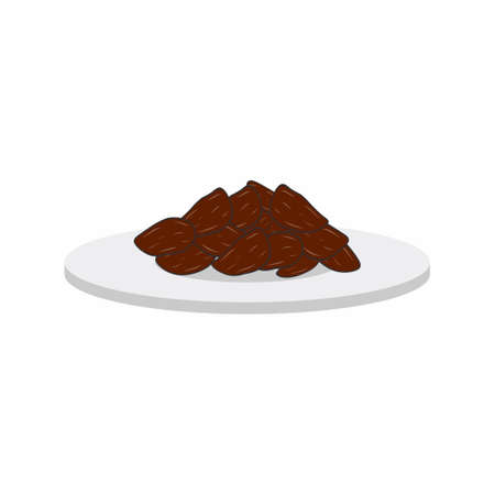 Dates on the plate flat element. Dates served on the white plate isolated on white backgroundのイラスト素材