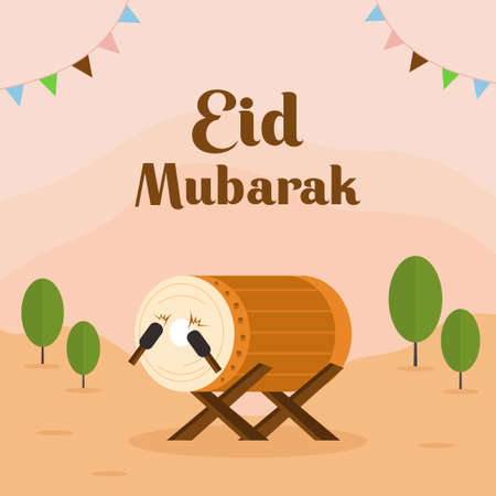 Eid mubarak background with big drum. Eid mubarak greeting card with brown drum and green trees with flat element style.のイラスト素材