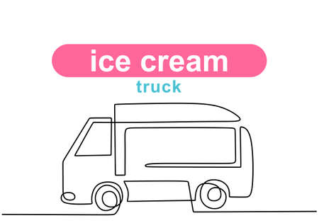 Single continuous line of ice cream food truck. Ice cream food truck in one line style isolated on white background.のイラスト素材