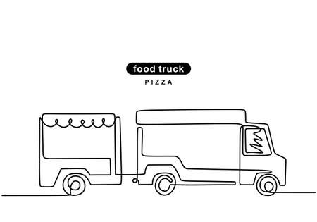 Single continuous line of pizza food truck. Pizza truck in one line style isolated on white background.のイラスト素材