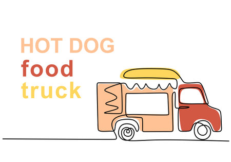 Single continuous line of hotdog food truck. Hotdog food truck in one line style isolated on white background.のイラスト素材