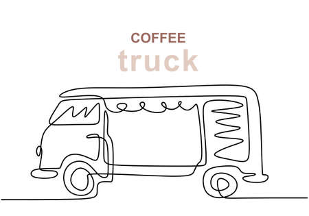 Single continuous line of coffee food truck. Coffee food truck in one line style isolated on white background.のイラスト素材