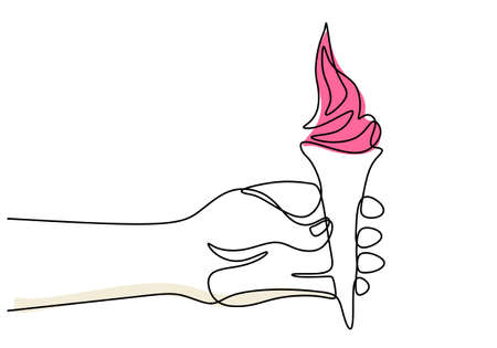 Single continuous line of hand hold pink ice cream. Hand hold pink ice cream fast food in one line style isolated on white background.のイラスト素材