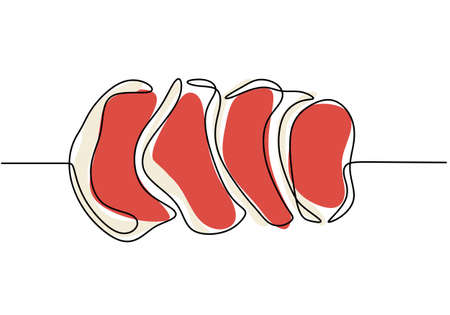 Single continuous line of big fresh steaks. Big fresh steaks fast food in one line style isolated on white background.のイラスト素材