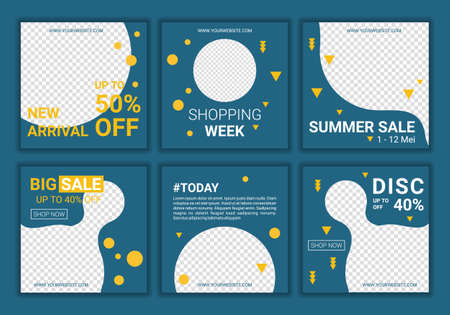 Set of sale banner for product marketing. Set of Editable minimal square banner template. Black and yellow background color with stripe line shape. Suitable for social media post and web internet ads.のイラスト素材