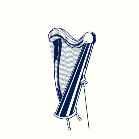 Musical harp hand drawn sketch. Classical music instrument isolated on white background. Music concept vector illustration vintage engraving design element for label and posterのイラスト素材