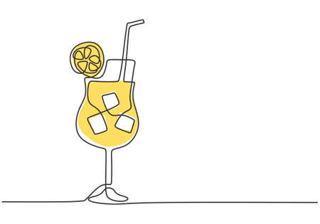 One continuous line drawing a glass of fresh delicious lemonade ice with sliced lemon for restaurant menu. Drink cafe shop concept. Minimalism line art design vector graphic illustrationのイラスト素材