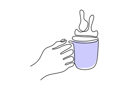 One continuous line drawing of hands holding a cup of hot coffee isolated on white background. Hot coffee or tea concept art single line minimalistic style. Vector coffee illustrationのイラスト素材