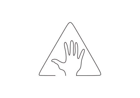 One continuous line drawing of human hand in triangle symbol. Protecting and caring human concept isolated on white background. Human hand palm minimalist design. Vector illustrationのイラスト素材