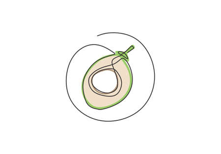 One continuous line drawing whole and sliced healthy organic coconut. Fresh fruitage concept for fruit garden icon. Healthy summer drink. Vector isolated hand drawn illustration on white backgroundのイラスト素材