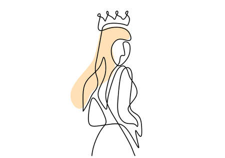 Continuous single line drawing of beautiful princess with gown while standing elegant pose isolated on white background. Concept of magic queen in kingdom minimalist hand drawn designのイラスト素材