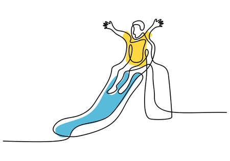 Continuous single line drawing a little kid playing slide at the playground hand picture silhouette minimalism design line art. Playgroup games concept. Vector illustration on white backgroundのイラスト素材