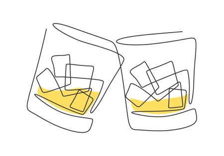 Two glass of whiskey with ice cubes continuous one line drawing minimalism design isolated on white background. Bar and restaurant concept minimalist design for logo template. Vector illustrationのイラスト素材