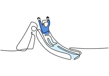 Continuous single line drawing a little kid playing slide at the playground hand picture silhouette minimalism design line art. Playgroup games concept. Vector illustration on white backgroundのイラスト素材