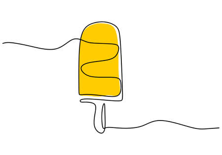 Continuous one line drawing of popsicle isolated on white background. Fresh delicious yellow ice cream. Summer dessert sweet ice stick theme. Vector minimalistic linear illustrationのイラスト素材