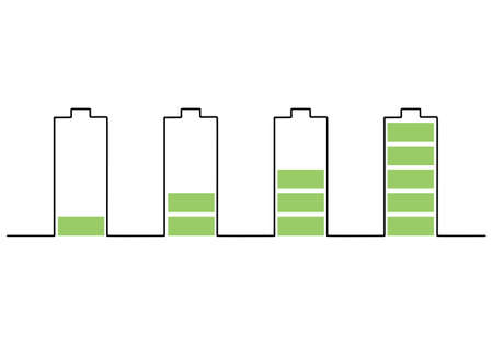Continuous line art of battery charging process. Smartphone battery icon symbol industry technology concept. Battery charging indicator hand drawing sketch vector illustration on white backgroundのイラスト素材