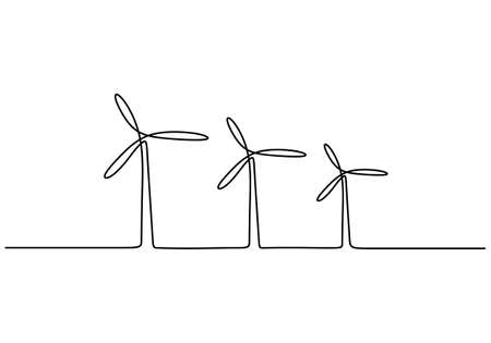Continuous one line drawing set windmills or wind turbines hand drawn line art minimalist style isolated on white background. Green ecology energy farm concept. Vector sketch illustrationのイラスト素材