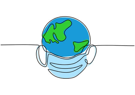 One continuous line drawing of Earth with virus protection mask.