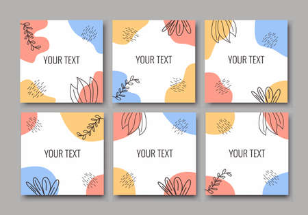 Social media post creative abstract template design set. Tropical leaves warm color of the pink, blue and orange pastel colors combination with minimalist style. Vector illustrationのイラスト素材