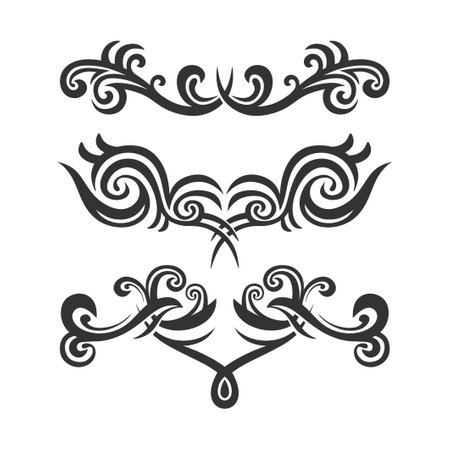 Set of three tattoo ornament with ethnic motif isolated on white background. Tribal bohemian design symbols for border, frame, tattoo, cards, decorative paper. Vector monochrome illustrationのイラスト素材