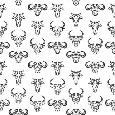 Boho tribal seamless pattern of mamalia animal head: bull head, buffalo head, cow head, sheep head, goat head isolated white background. Vintage design element for tattoo, wrapping, wallpaper etcのイラスト素材