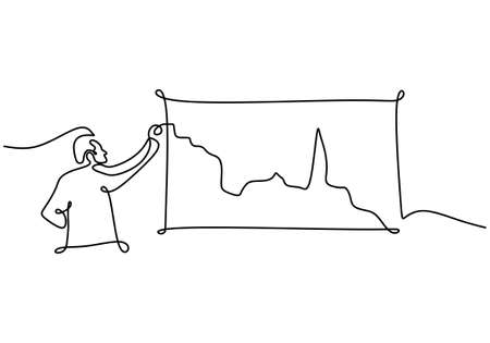 Continuous one line of man doing business presentation. A professional businessman presenting economic graphic on white board. Workshop presentation concept hand drawn line art minimalism designのイラスト素材